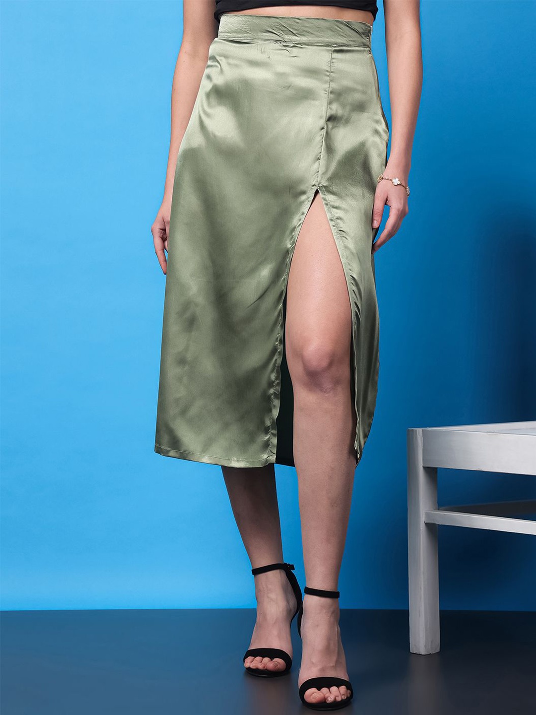 

BAESD Opulence Slit Straight Satin Midi Skirt, Olive