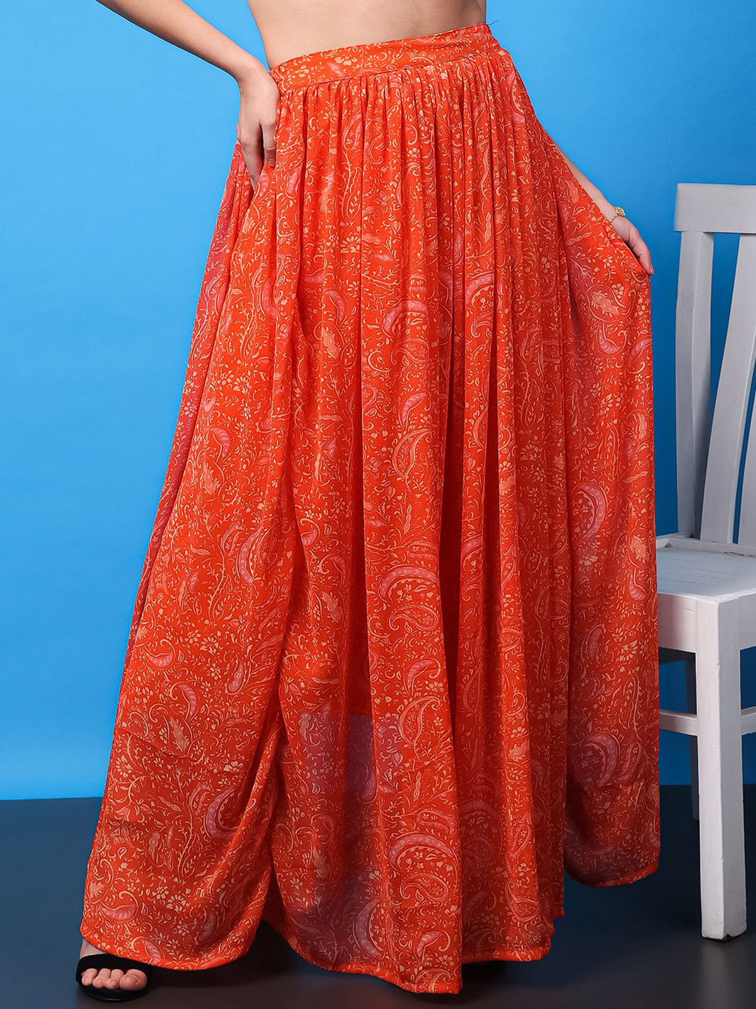 

BAESD Ethnic Motifs Printed Chiffon Maxi Flared Skirts, Orange