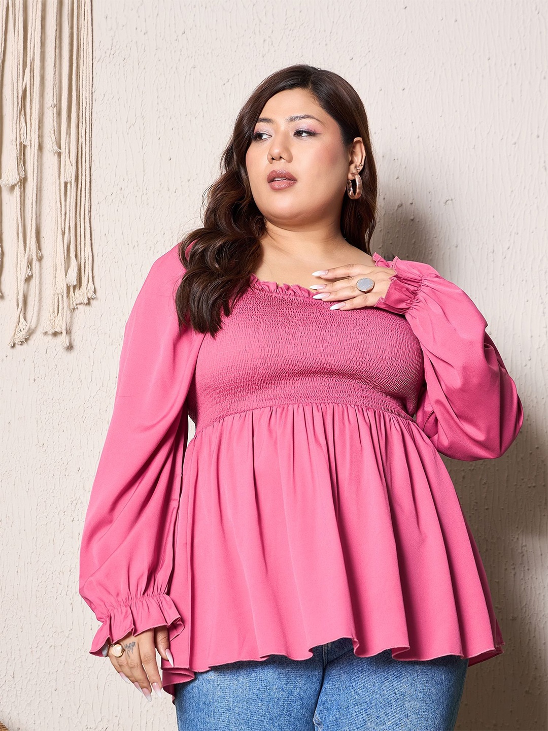 

Berrylush Curve Plus Size Solid Square Neck Smocked Peplum Top, Pink