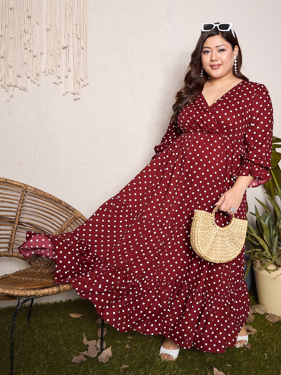 

Berrylush Curve Plus Size Polka Dot Print Ruffled Fit & Flare Maxi Dress, Maroon