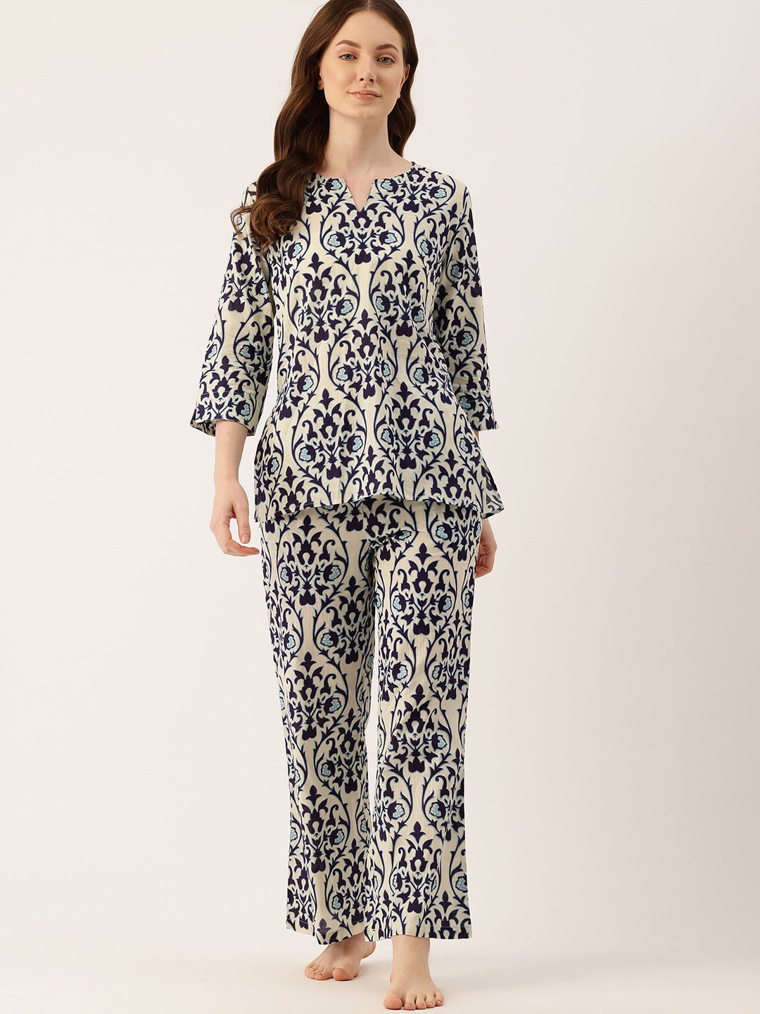 

ETC Ethnic Printed Night Suit, Navy blue