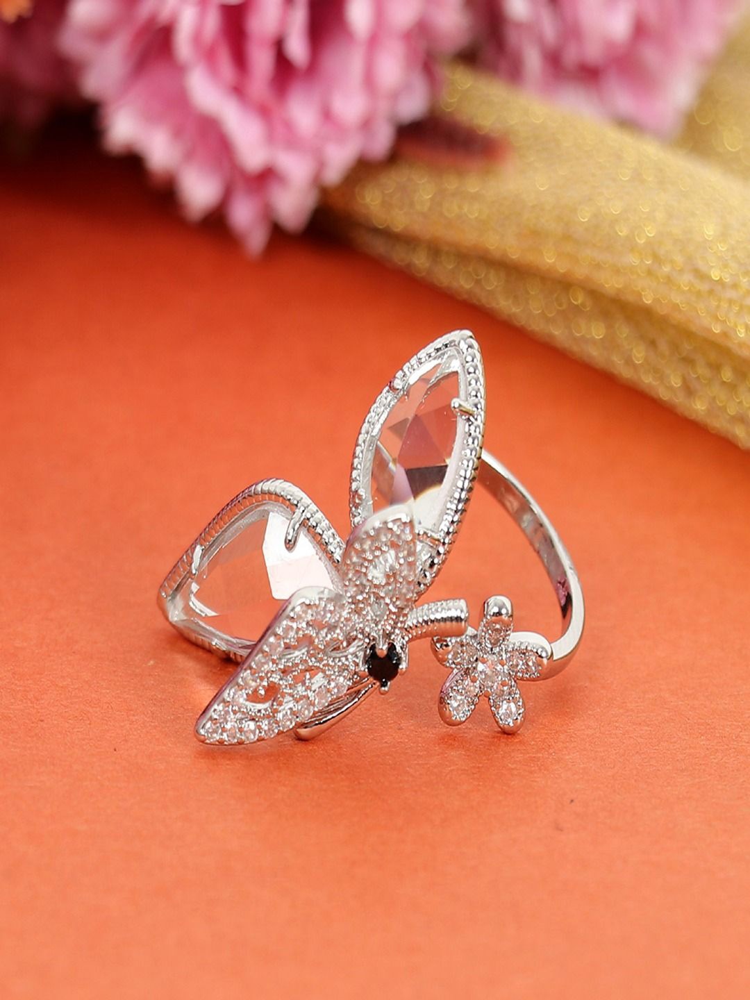 

UNIVERSITY TRENDZ Silver-Plated Stainless Steel Crystal Butterfly Cuff Finger Ring