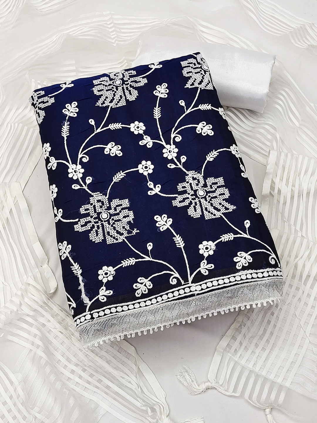 

KALINI Floral Embroidered Chanderi Cotton Unstitched Dress Material, Blue