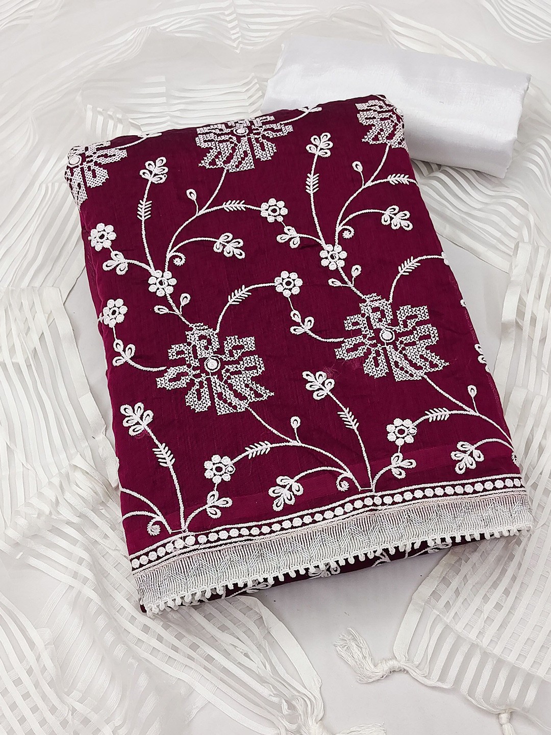 

KALINI Floral Embroidered Chanderi Cotton Unstitched Dress Material, Maroon