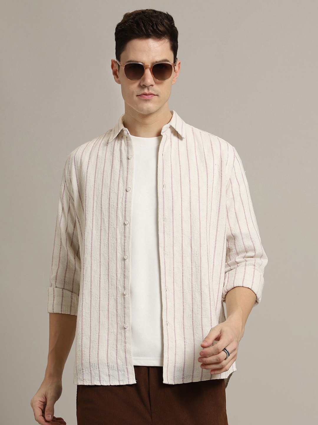 

Banana Club Men Classic Striped Textured Casual Shirt, Lavender