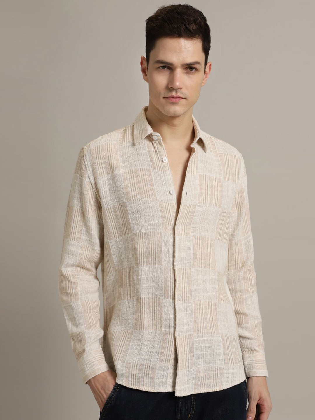 

Banana Club Men Classic Textured Checked Casual Shirt, Beige