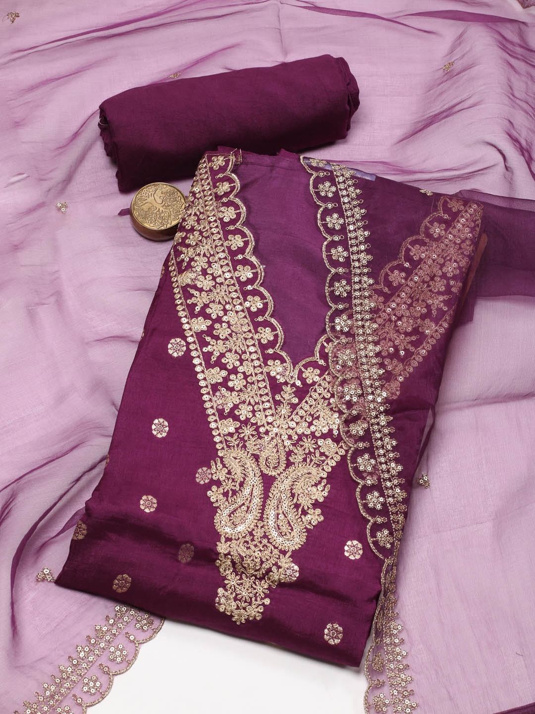 

Meena Bazaar Floral Embroidered Sequinned Chanderi Unstitched Dress Material, Purple
