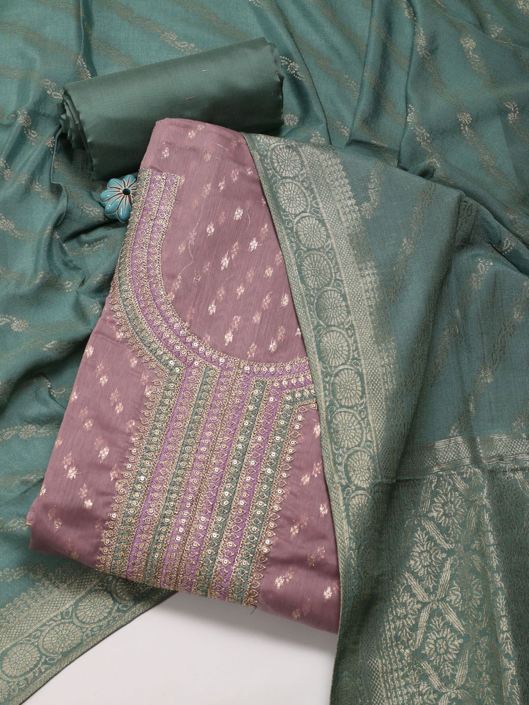 

Meena Bazaar Floral Woven Design Chanderi Zari Unstitched Dress Material, Mauve