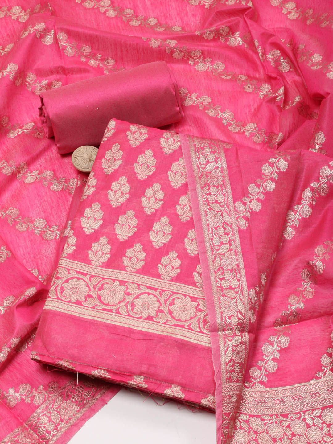 

Meena Bazaar Ethnic Motifs Woven Design Chanderi Zari Unstitched Dress Material, Pink