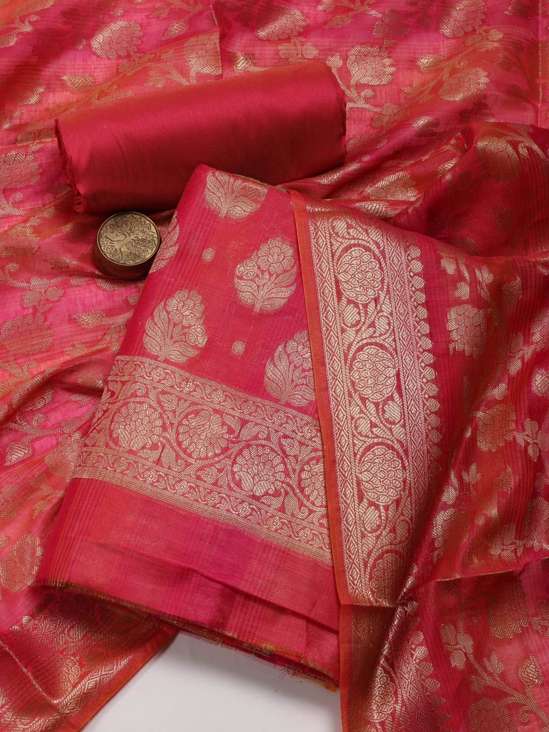 

Meena Bazaar Floral Woven Design Zari Chanderi Unstitched Dress Material, Pink