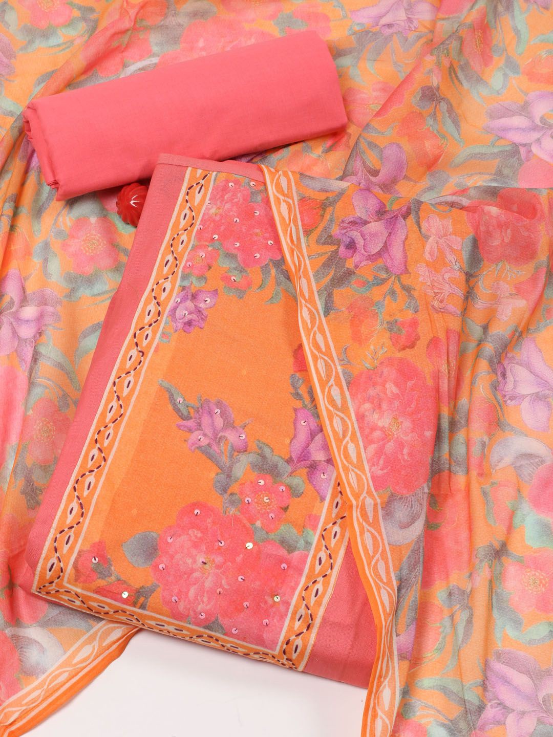 

Meena Bazaar Floral Printed Sequinned Unstitched Dress Material, Coral