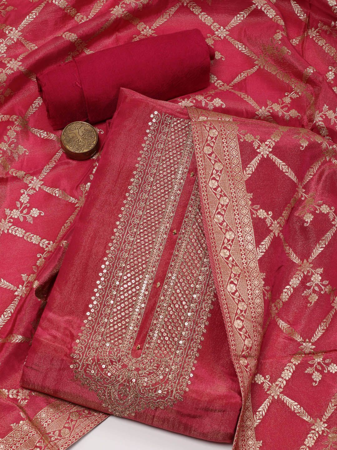 

Meena Bazaar Ethnic Motifs Embroidered Sequinned Chanderi Unstitched Dress Material, Maroon