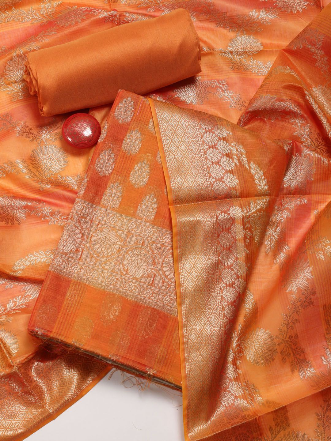 

Meena Bazaar Ethnic Motifs Woven Design Zari Chanderi Unstitched Dress Material, Orange