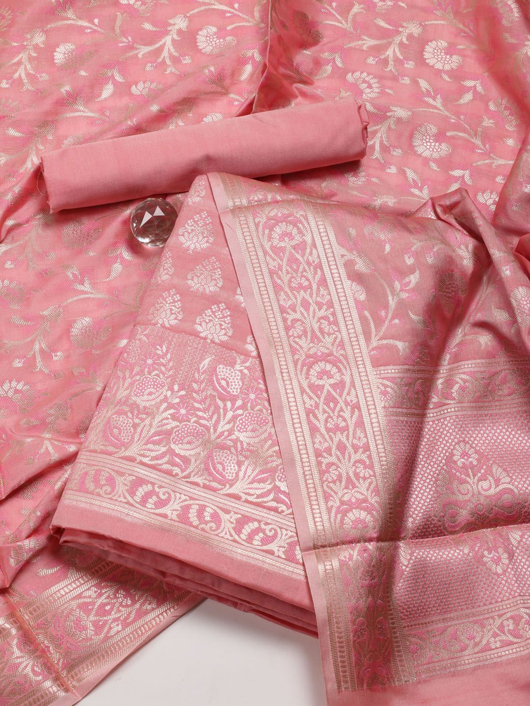 

Meena Bazaar Ethnic Motifs Woven Design Zari Chanderi Unstitched Dress Material, Peach