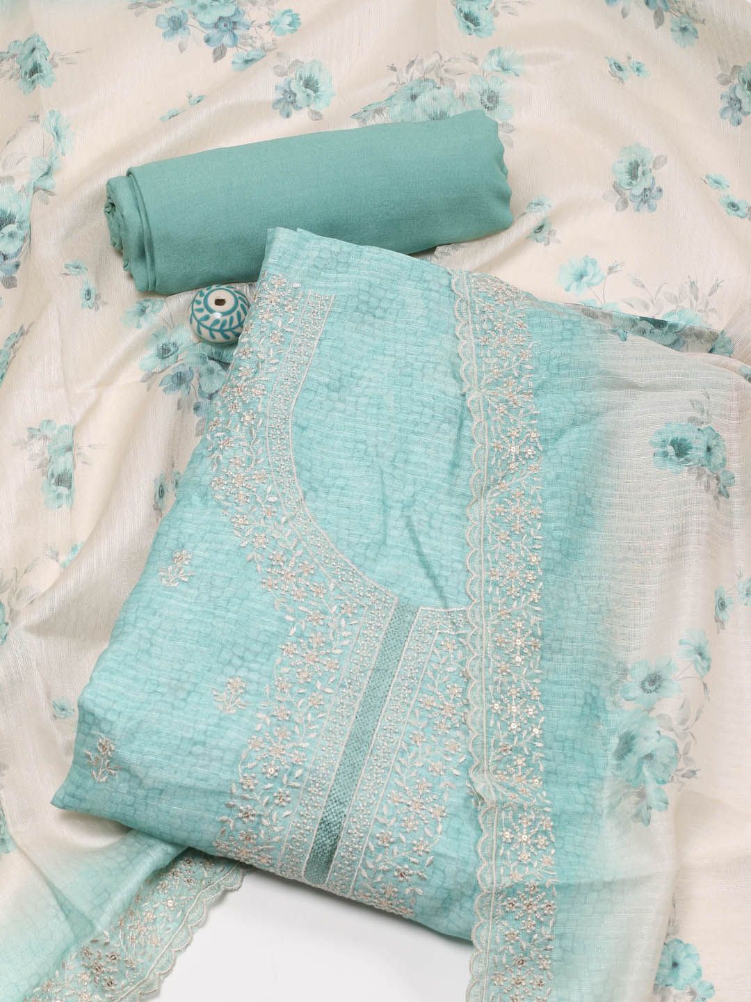 

Meena Bazaar Floral Embroidered Thread Work Unstitched Dress Material, Sea green