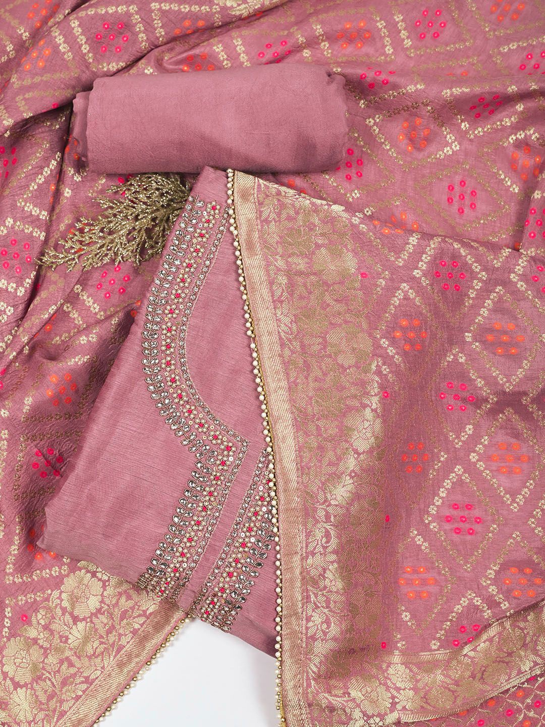 

Meena Bazaar Ethnic Motifs Embroidered Beads and Stones Chanderi Unstitched Dress Material, Pink