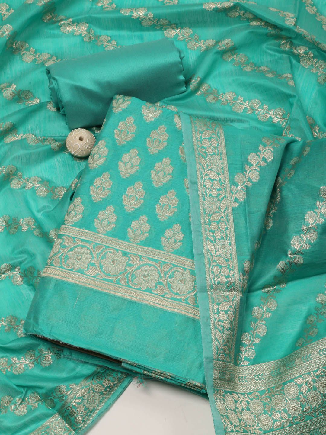 

Meena Bazaar Ethnic Motifs Woven Design Zari Chanderi Unstitched Dress Material, Sea green