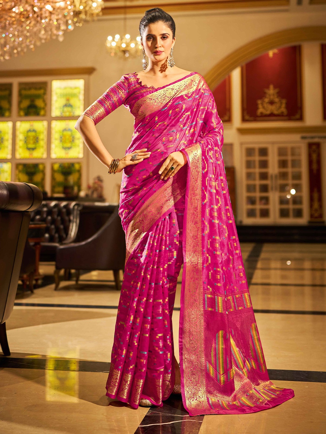

KALINI Woven Design Zari Organza Saree, Rose