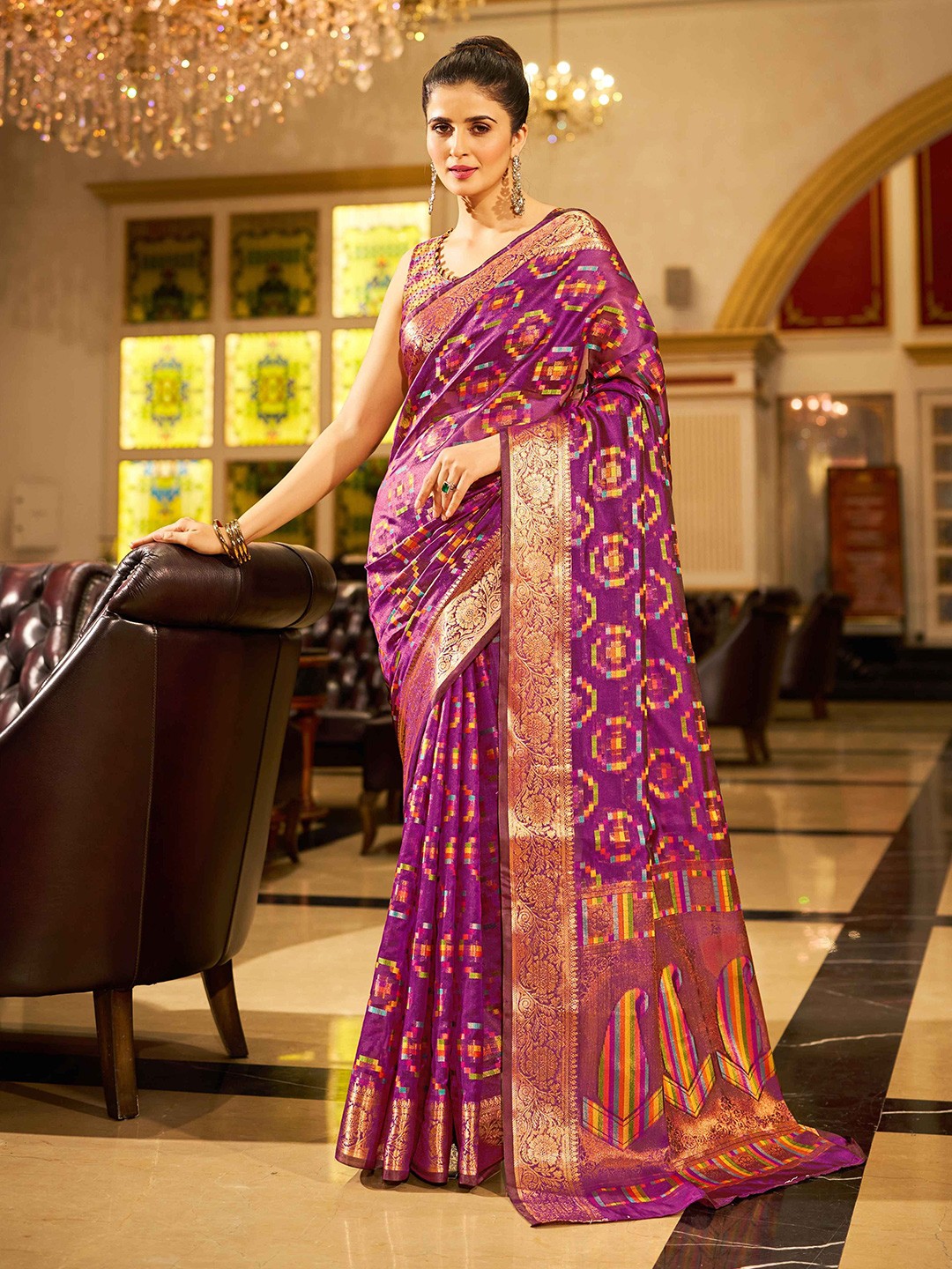 

KALINI Woven Design Zari Organza Saree, Purple