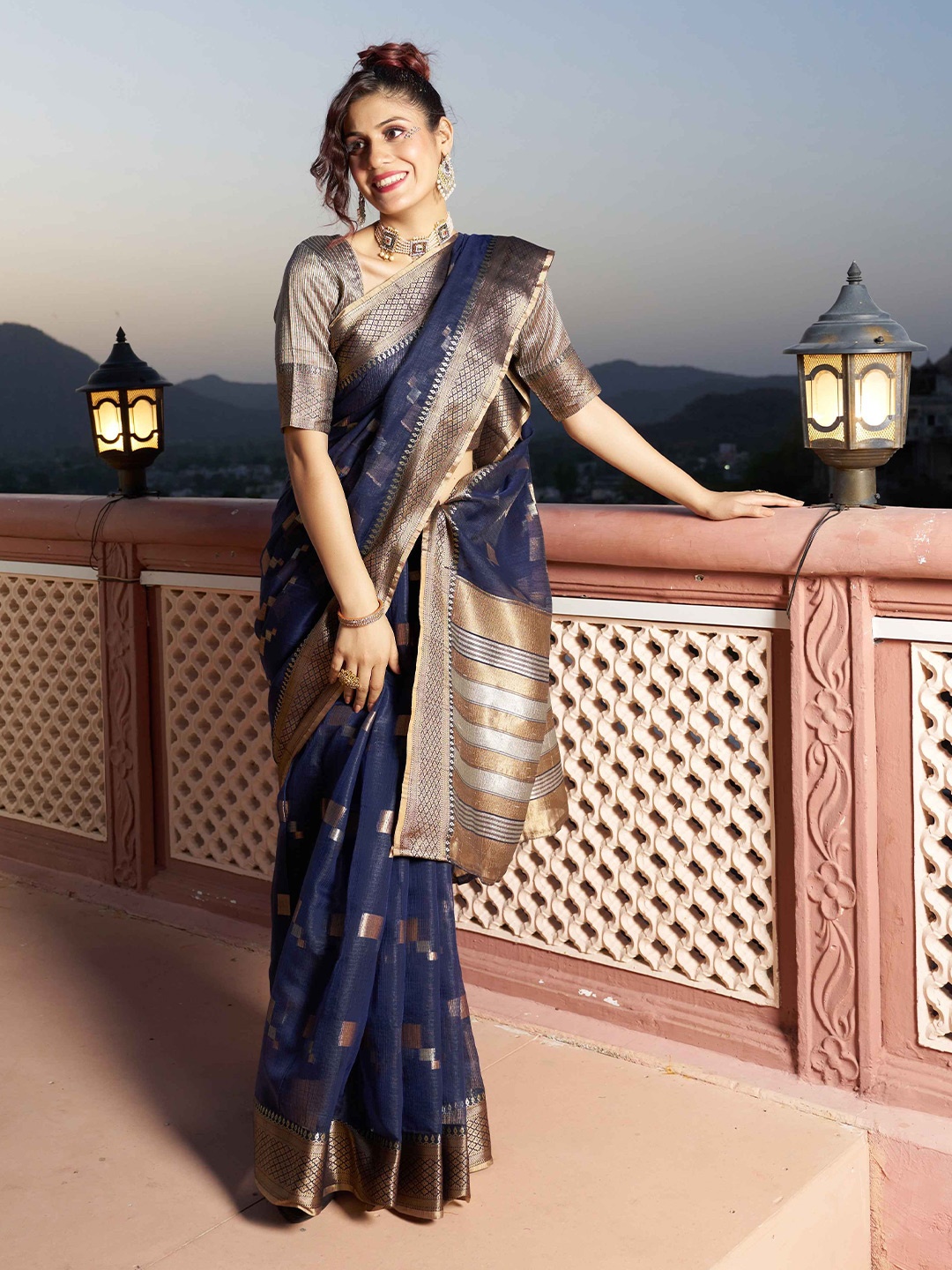 

KALINI Woven Design Organza Saree, Blue