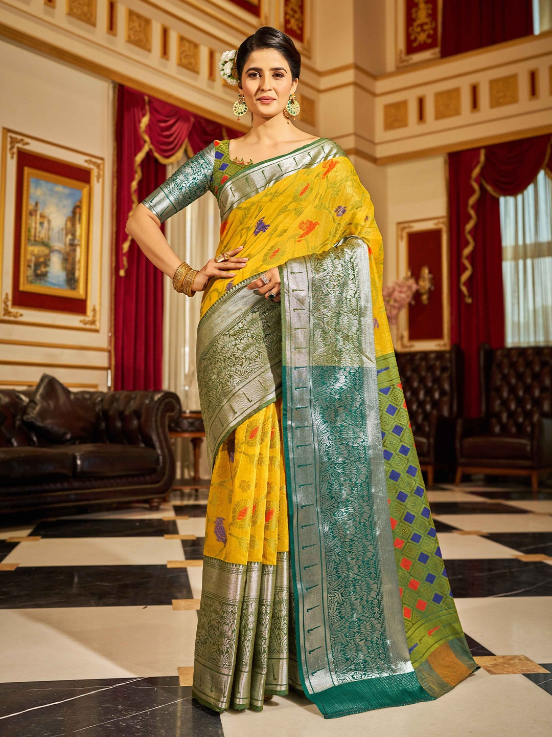 

KALINI Woven Design Zari Saree, Yellow