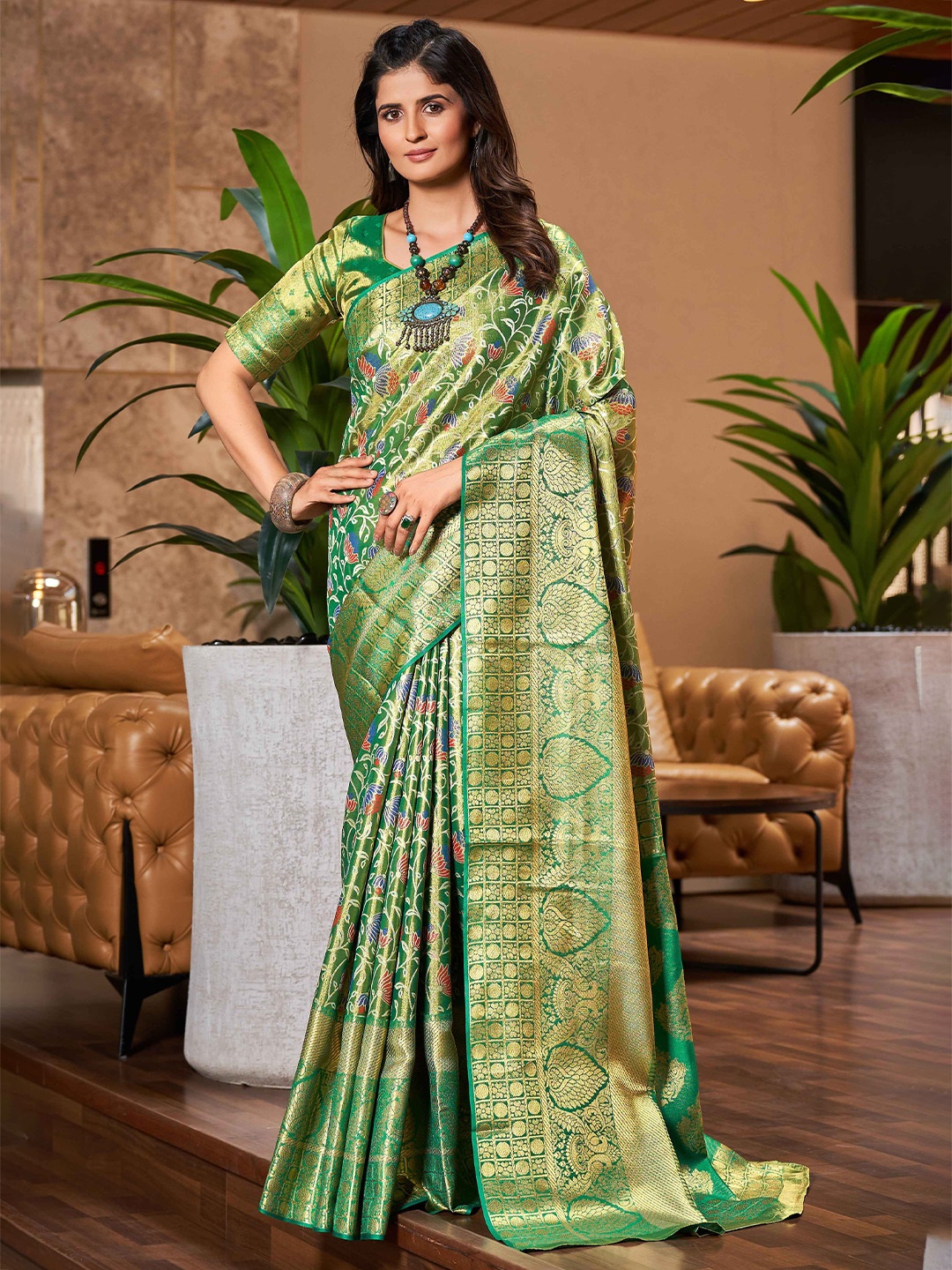 

KALINI Woven Design Zari Saree, Green