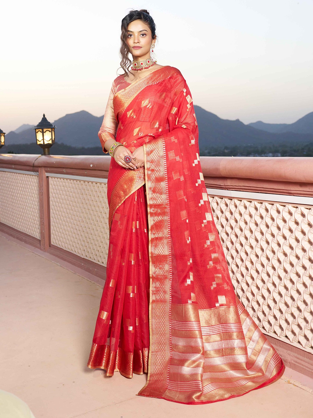 

KALINI Woven Design Organza Saree, Red