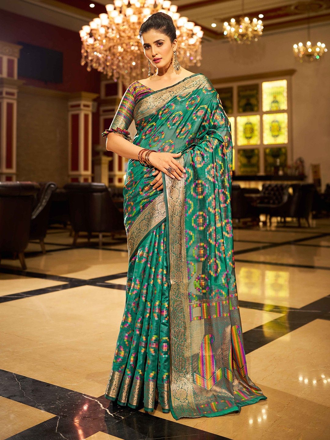 

KALINI Ethnic Motifs Zari Organza Saree, Turquoise blue