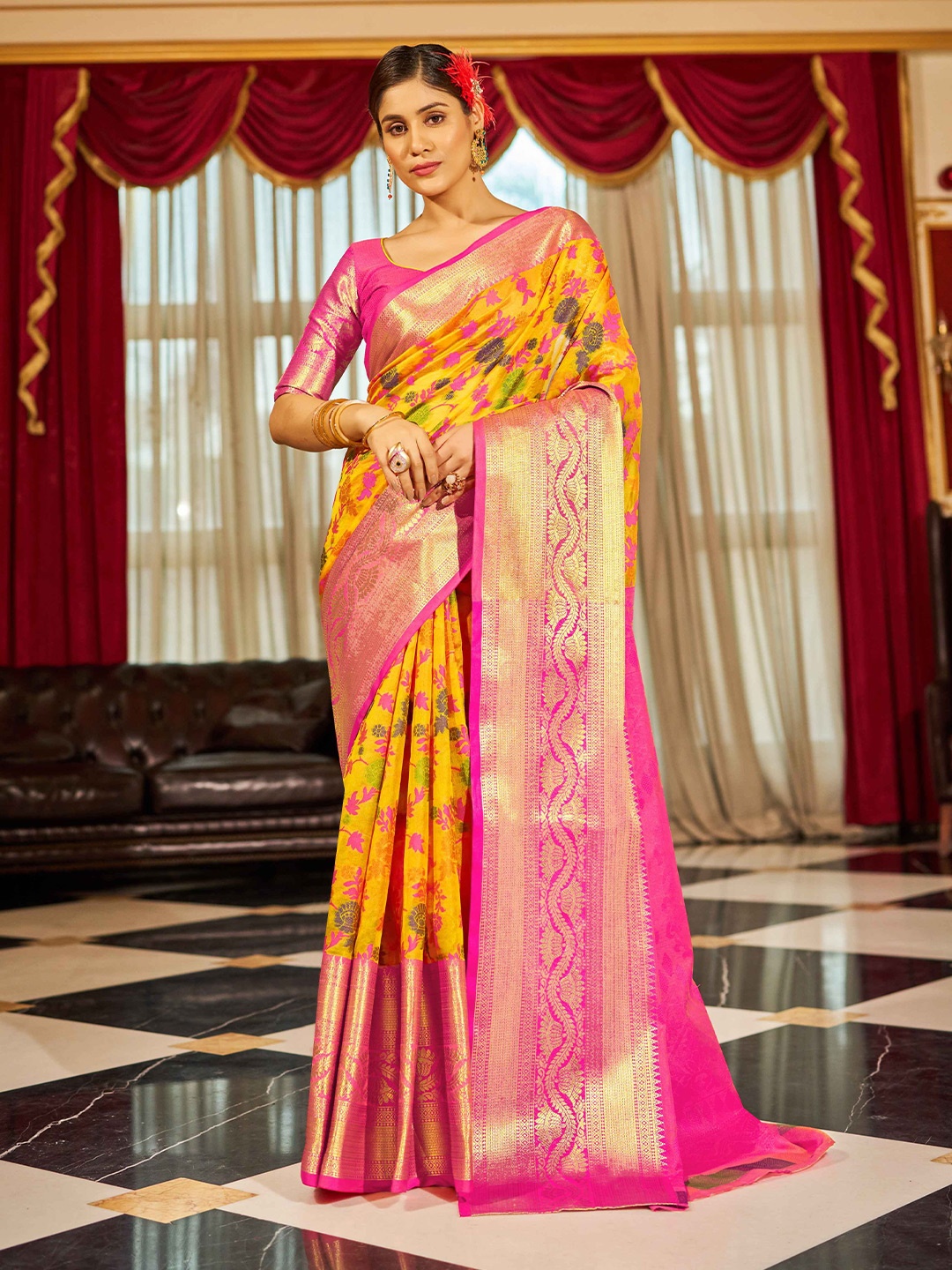 

KALINI Woven Design Zari Organza Saree, Yellow