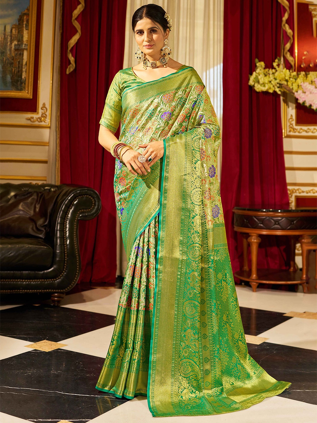

KALINI Woven Design Zari Saree, Green
