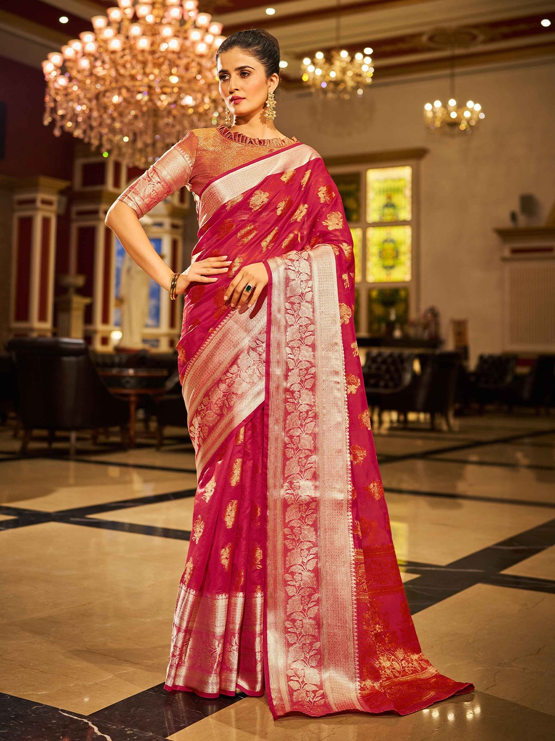 

KALINI Woven Design Zari Saree, Red