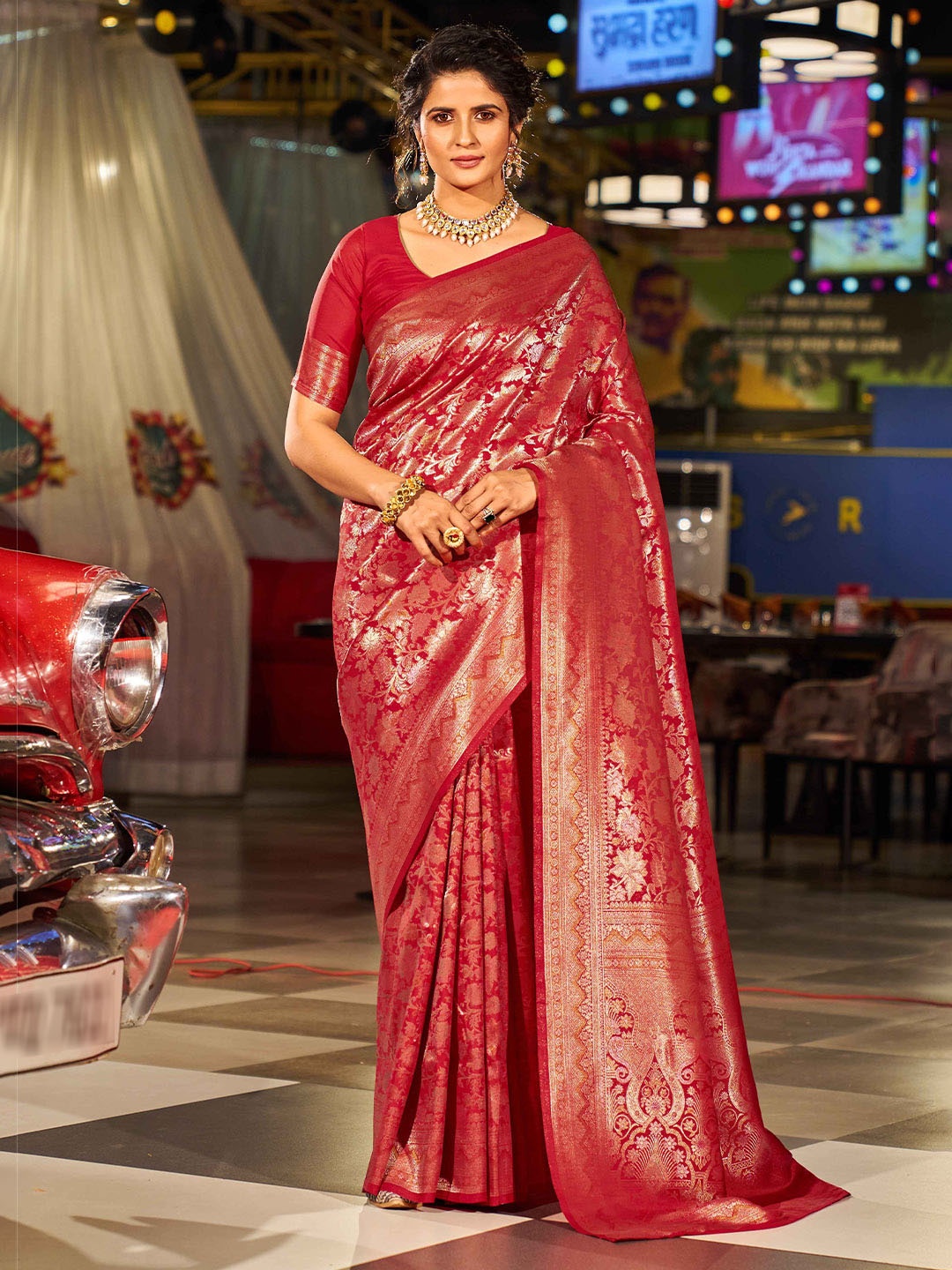 

KALINI Woven Design Zari Saree, Red