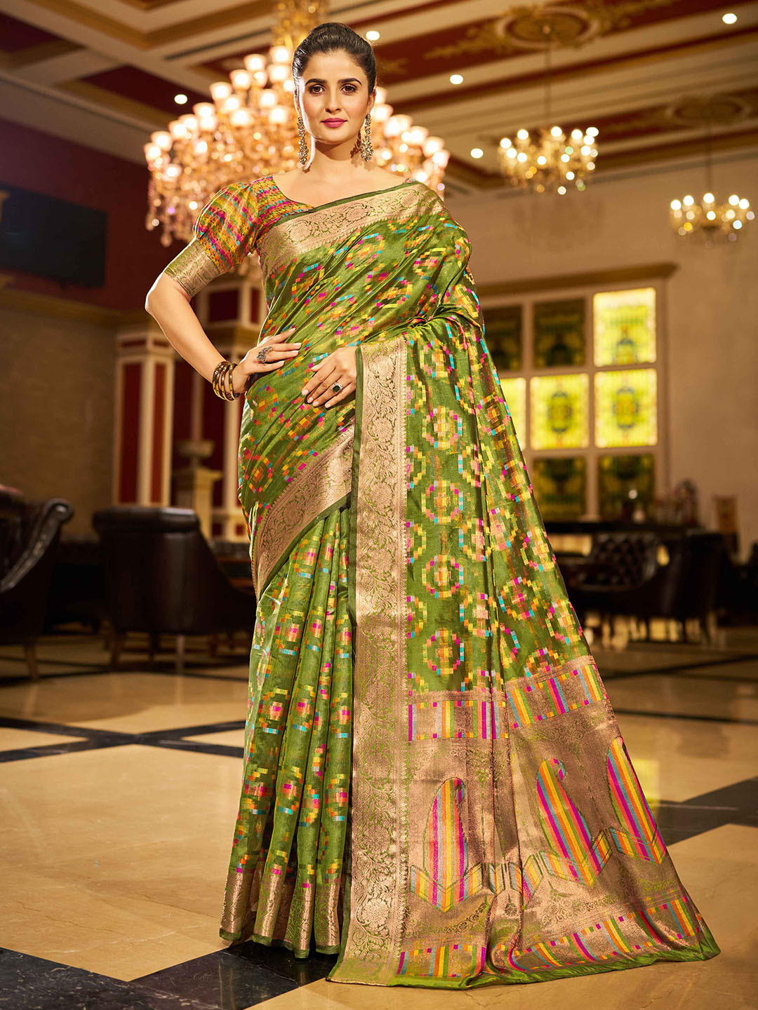 

KALINI Woven Design Organza Saree, Olive