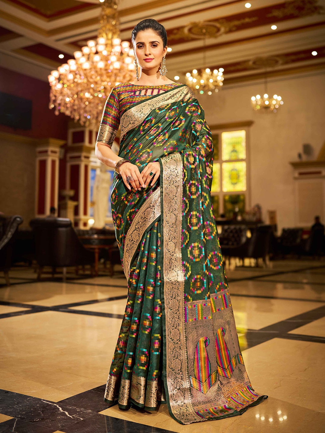 

KALINI Ethnic Motifs Organza Saree, Green