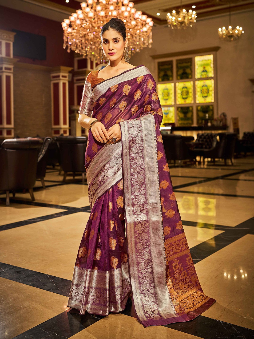 

KALINI Ethnic Motifs Zari Saree, Purple