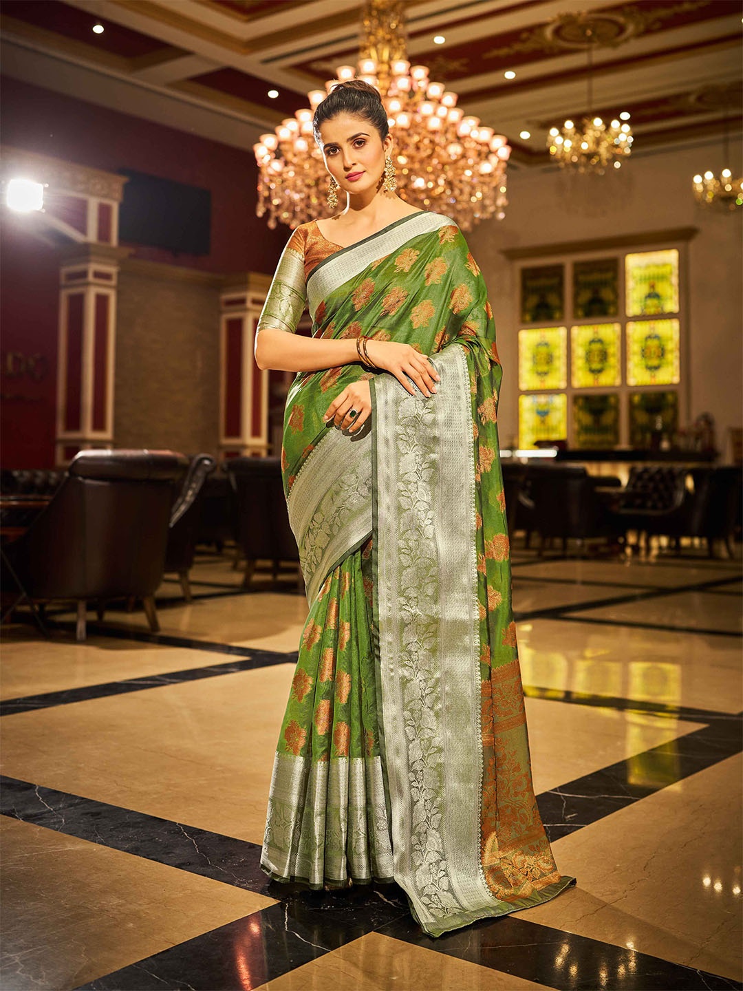 

KALINI Woven Design Zari Saree, Olive