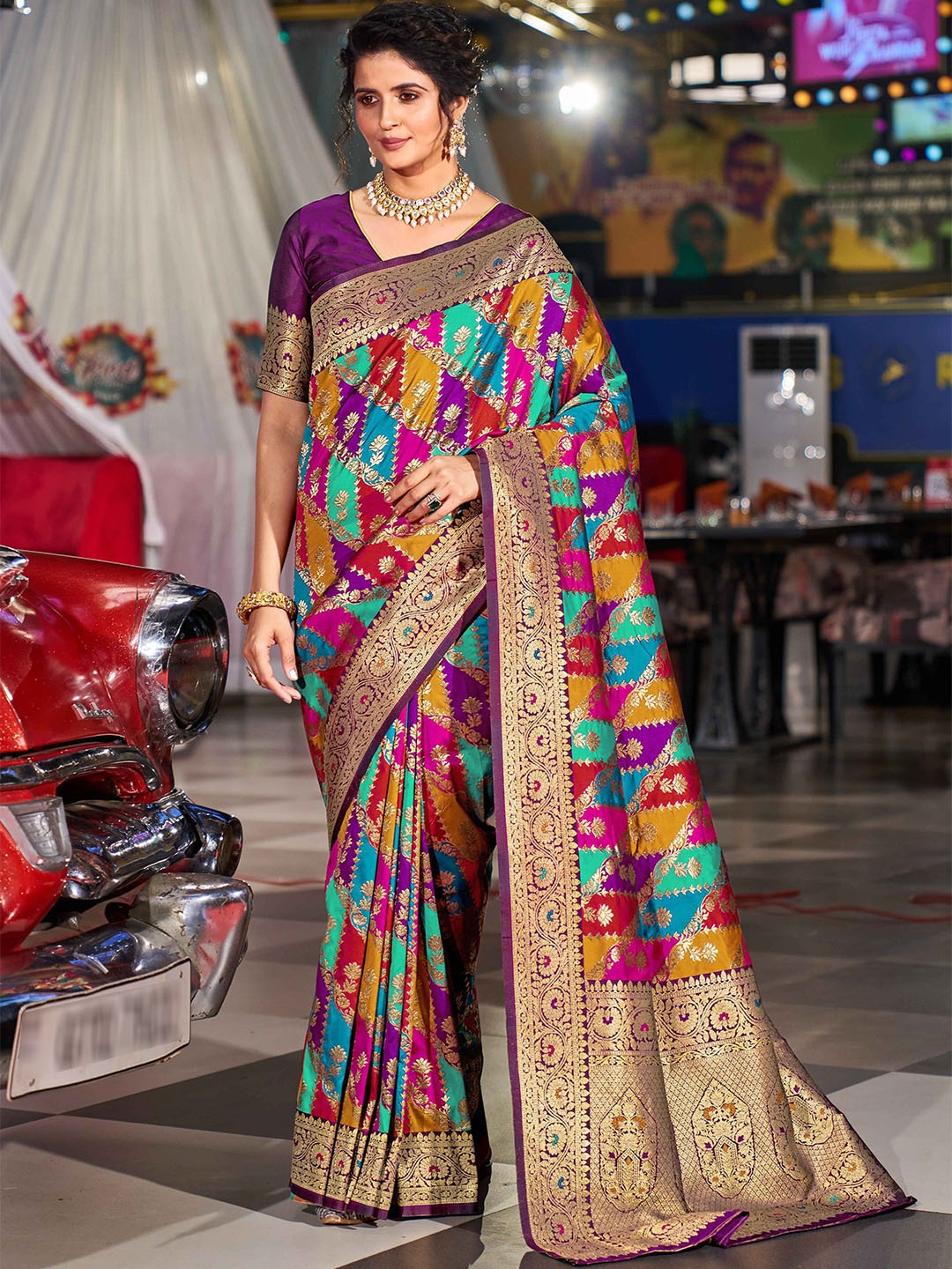 

KALINI Woven Design Zari Saree, Purple