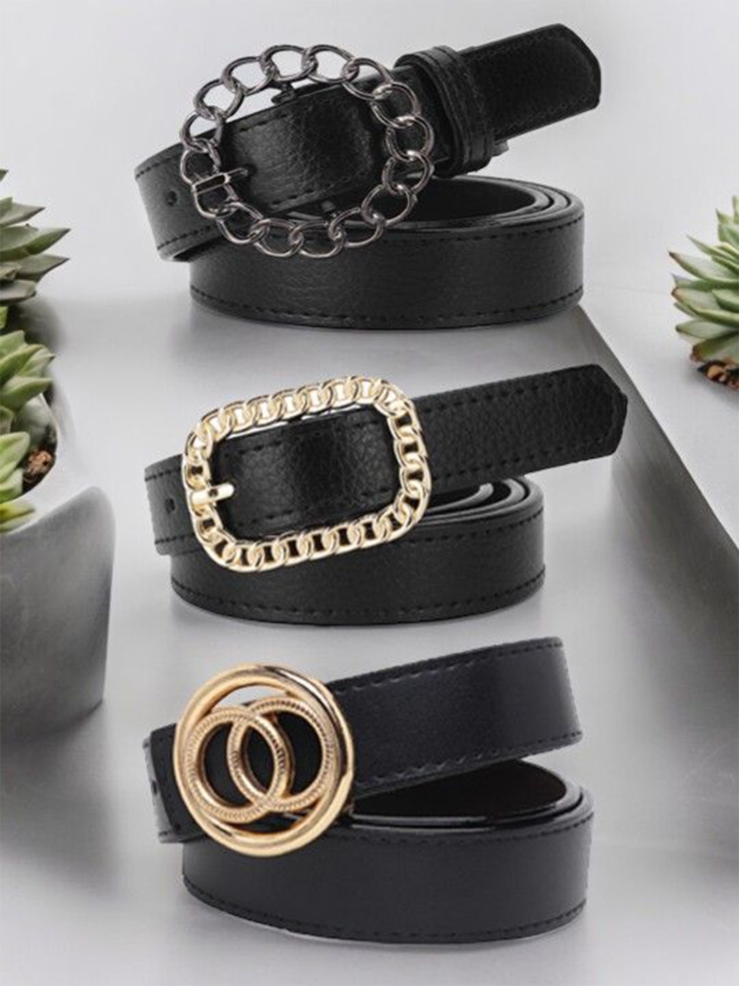 

DressBerry Women Set Of 3 Solid Casual Belts, Black