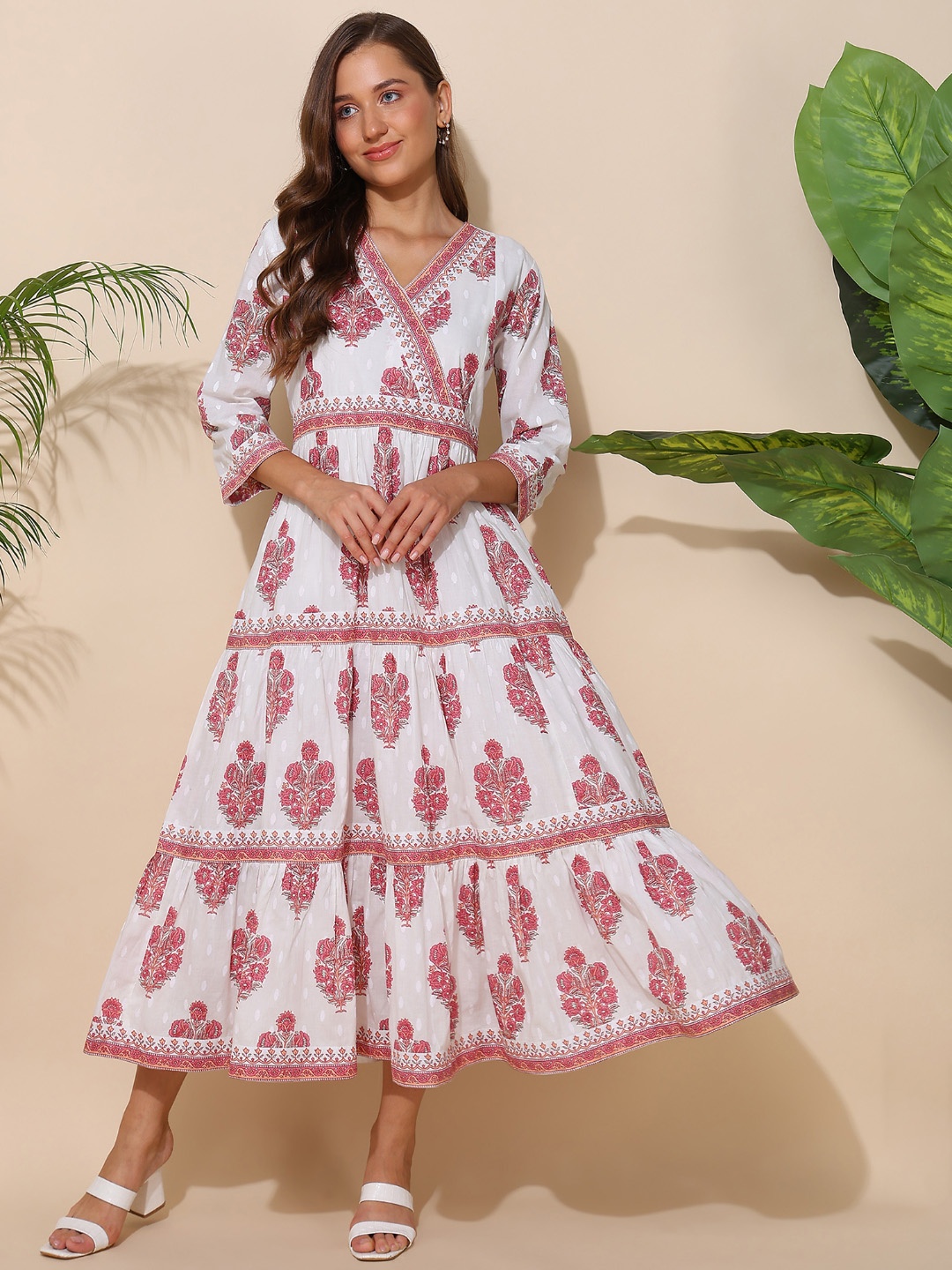 

House Of Zelena Ethnic Print Maternity Fit & Flare Ethnic Dress, Pink