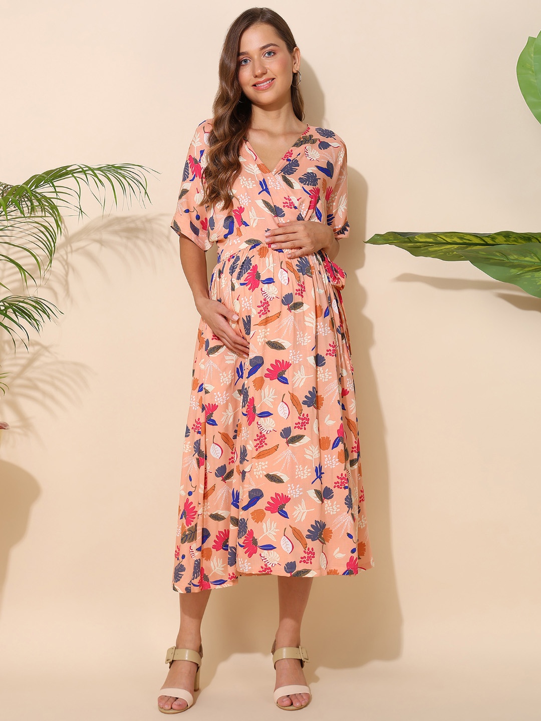 

House Of Zelena Floral Print Maternity Midi Dress, Peach