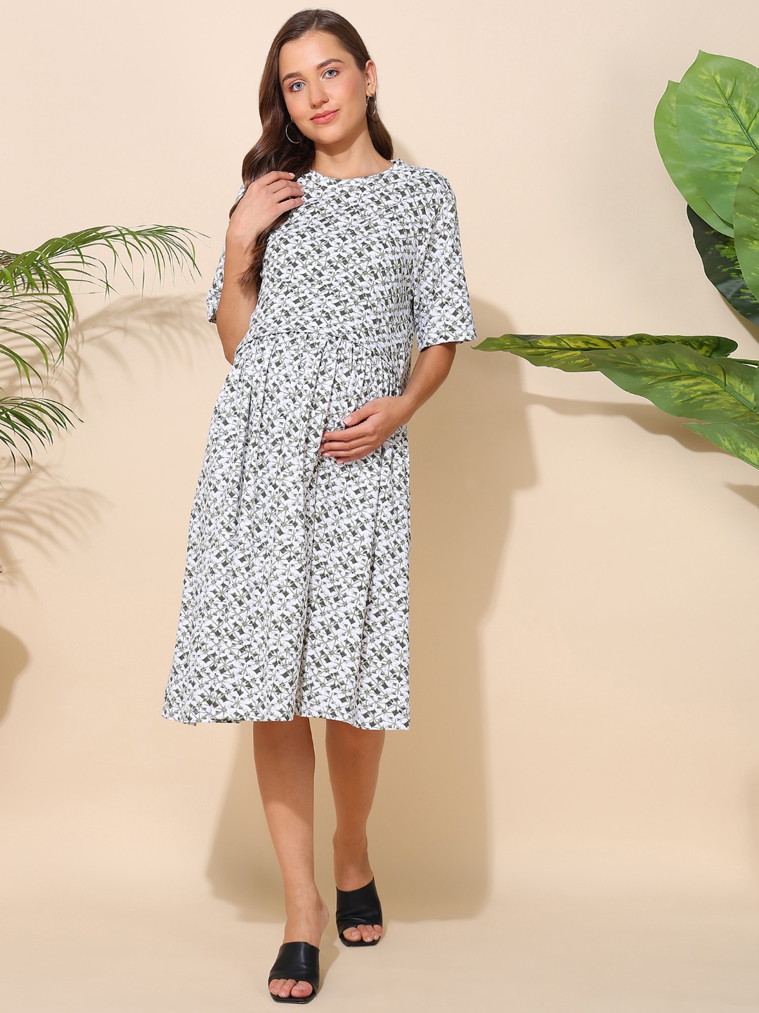 

House Of Zelena Floral Print Maternity A-Line Midi Dress, Beige