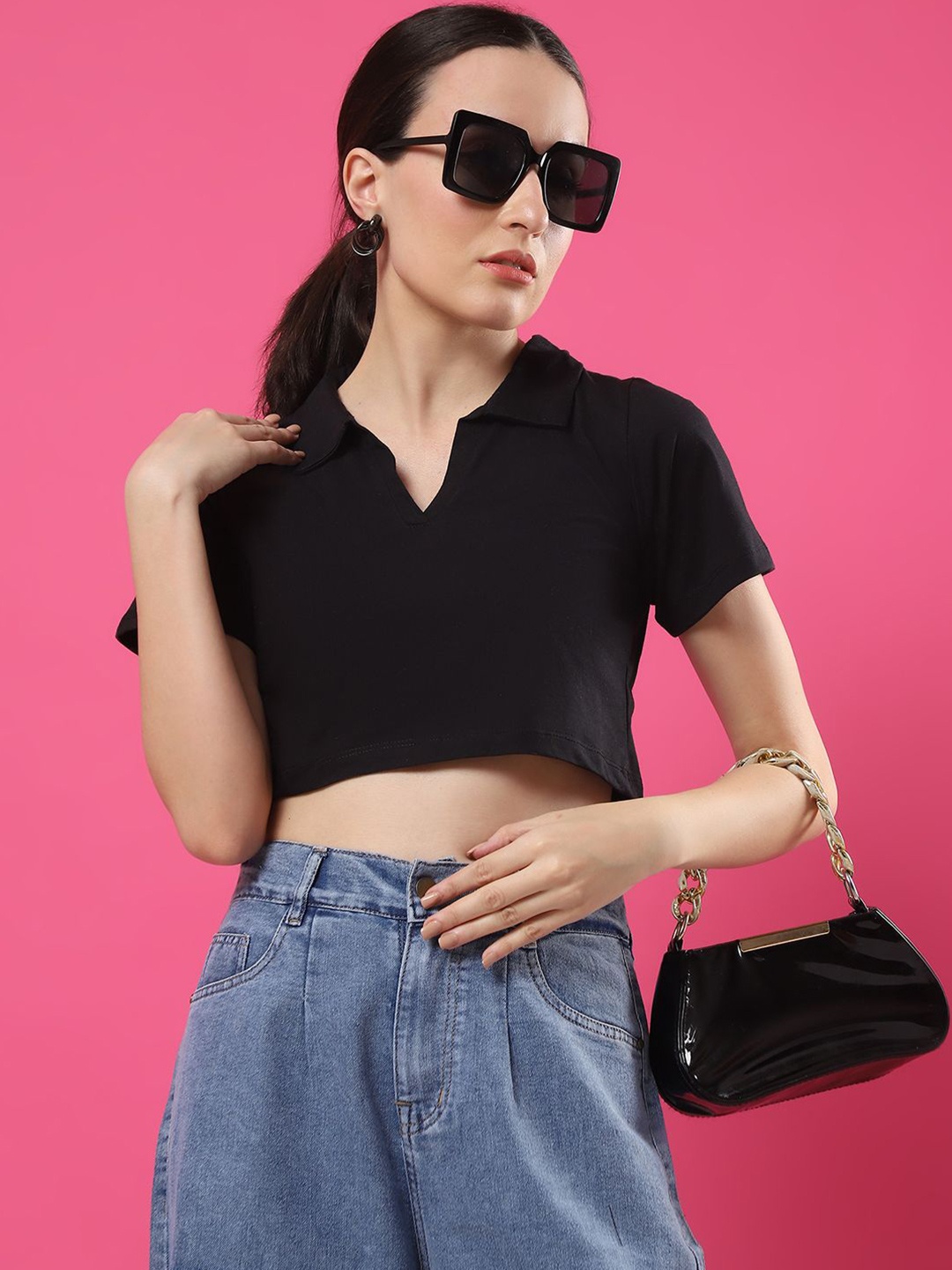 

Rigo Women Shirt Collar Cotton Boxy Crop Top, Black