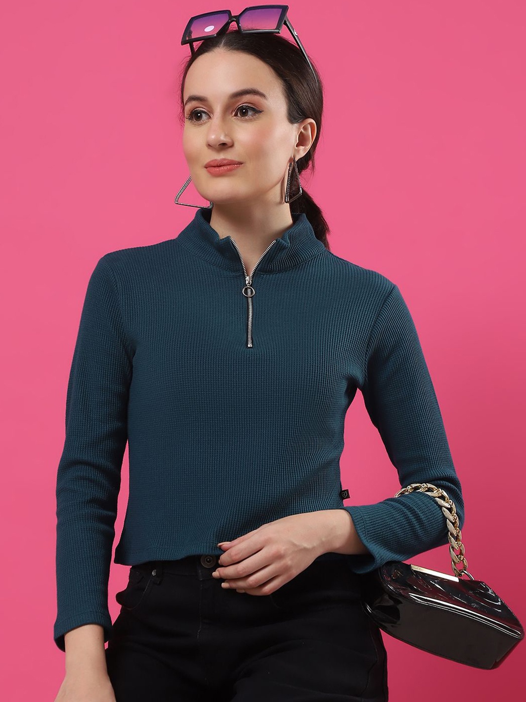 

Rigo Women Solid High Neck Pure Cotton Crop Top, Teal