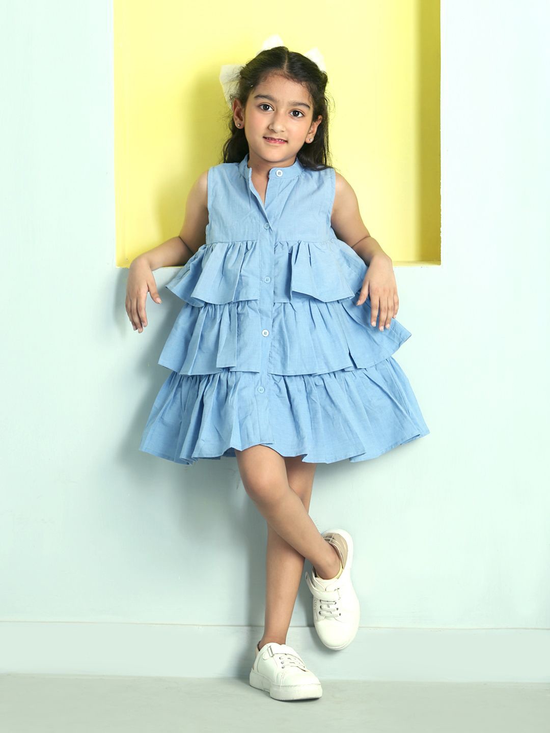 

The Mom Store Girls Mandarin Collar Cotton Empire Dress, Blue