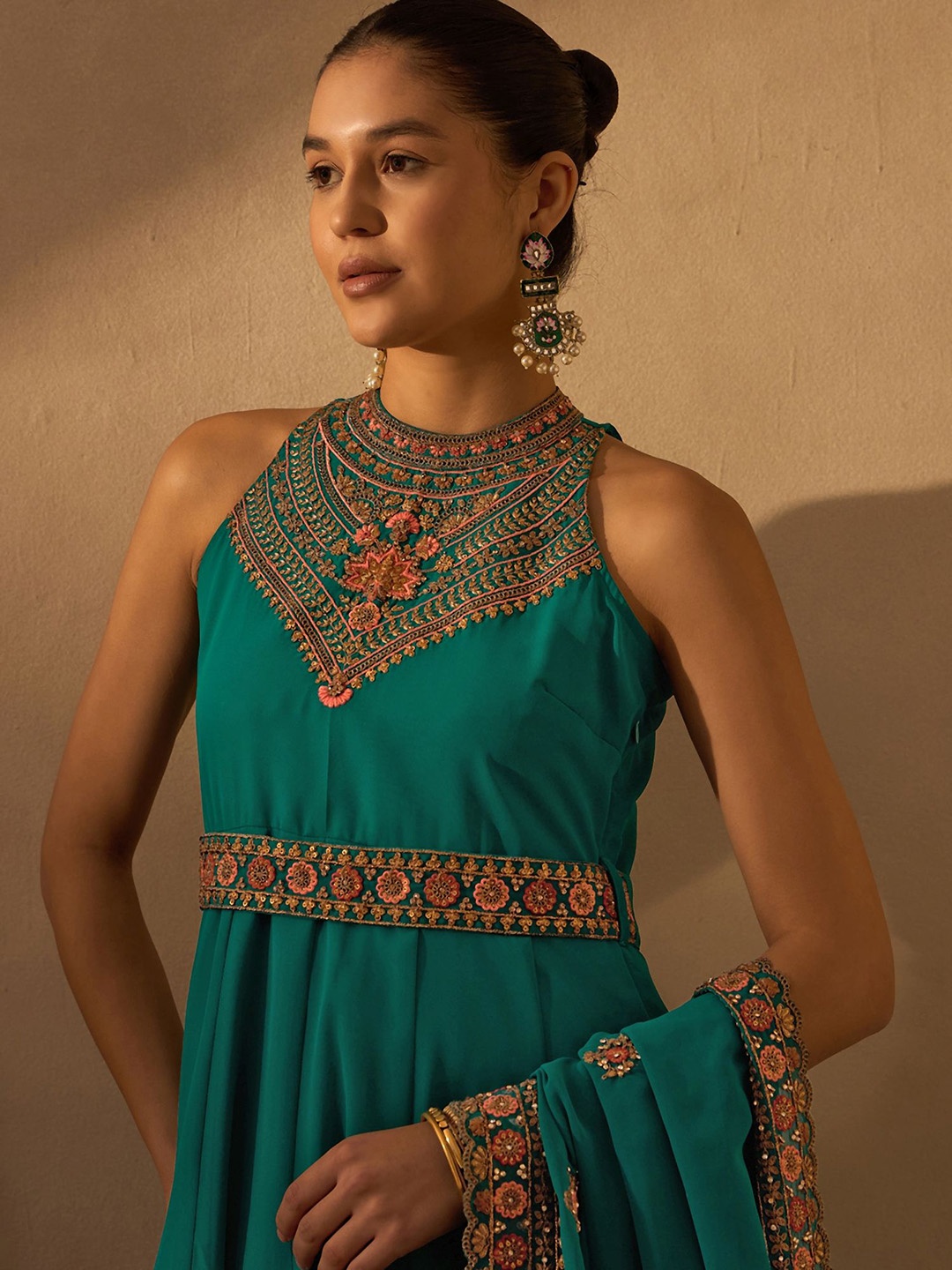 

Anouk Sea Green Embroidered Empire Beads And Stones Anarkali Kurta With Trousers & Dupatta