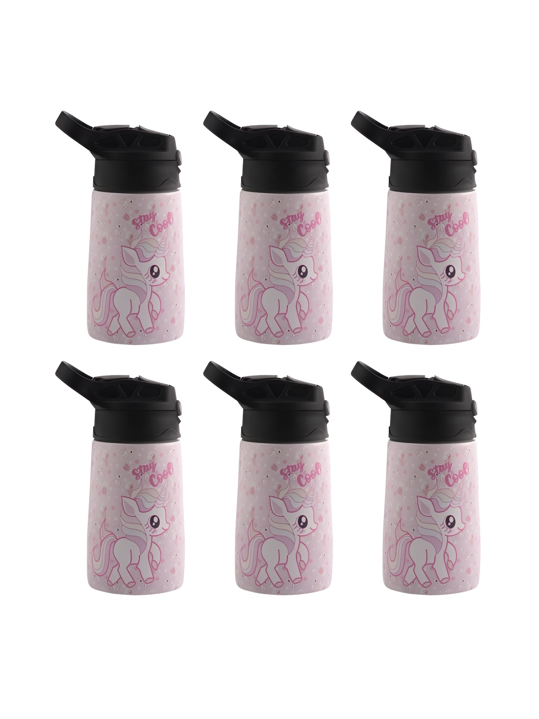 

Kuber Industries Pink & Black 6 Pieces Printed Stainless Steel Water Bottles 350 ml