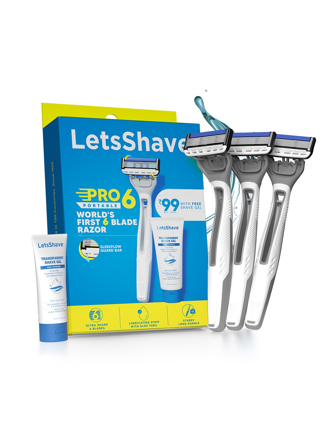 

LetsShave Men 3Pcs Pro 6 Premium Portable Shaving Razor With Free Transparent Shave Gel, White