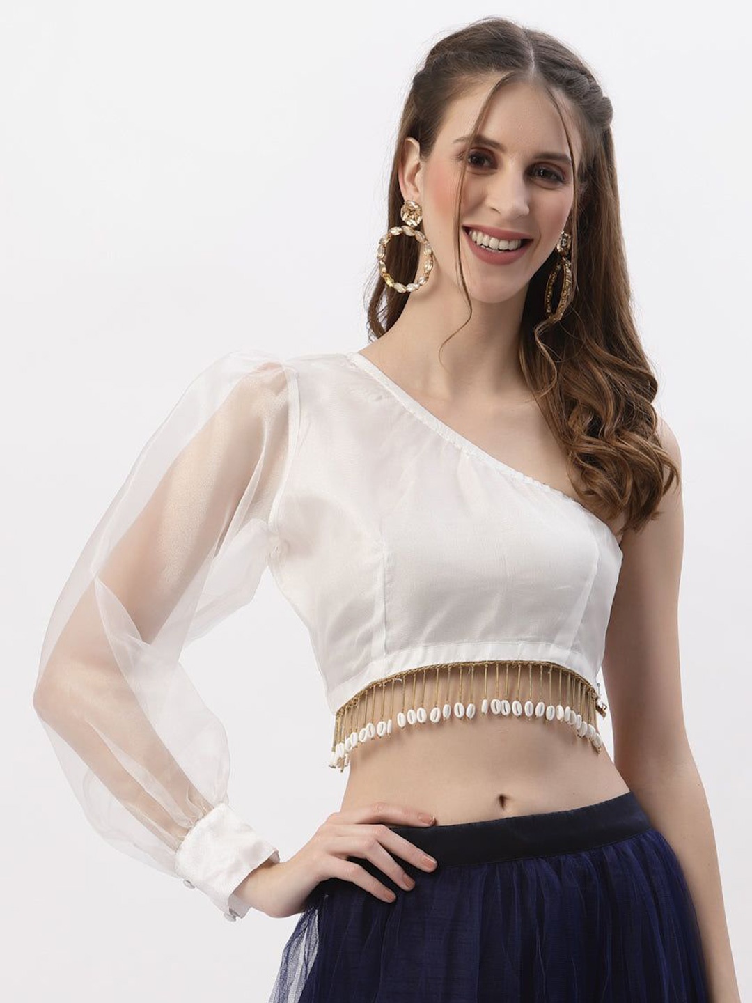 

studio rasa Organza Embellished One Shoulder Crop Top, White