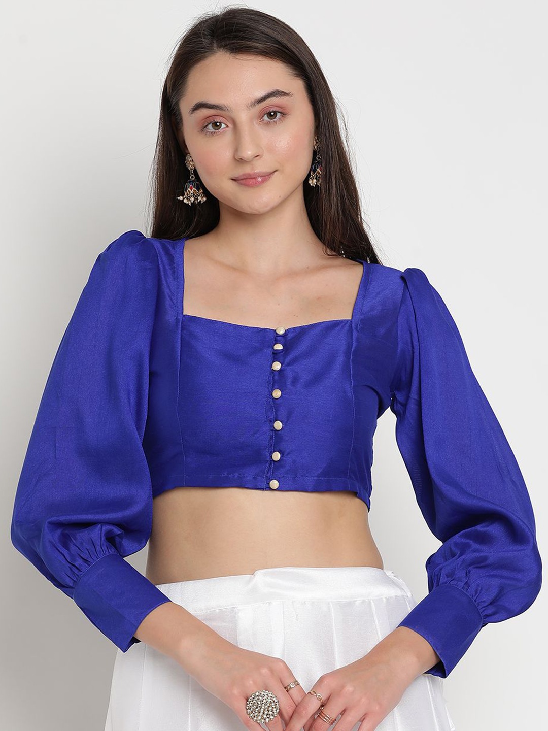 

studio rasa Solid Long Sleeves Crop Top, Blue