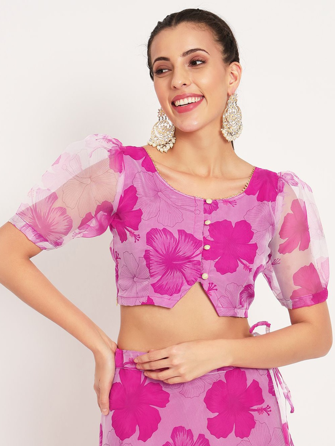 

studio rasa Floral Print Puff Sleeve Crop Top, White
